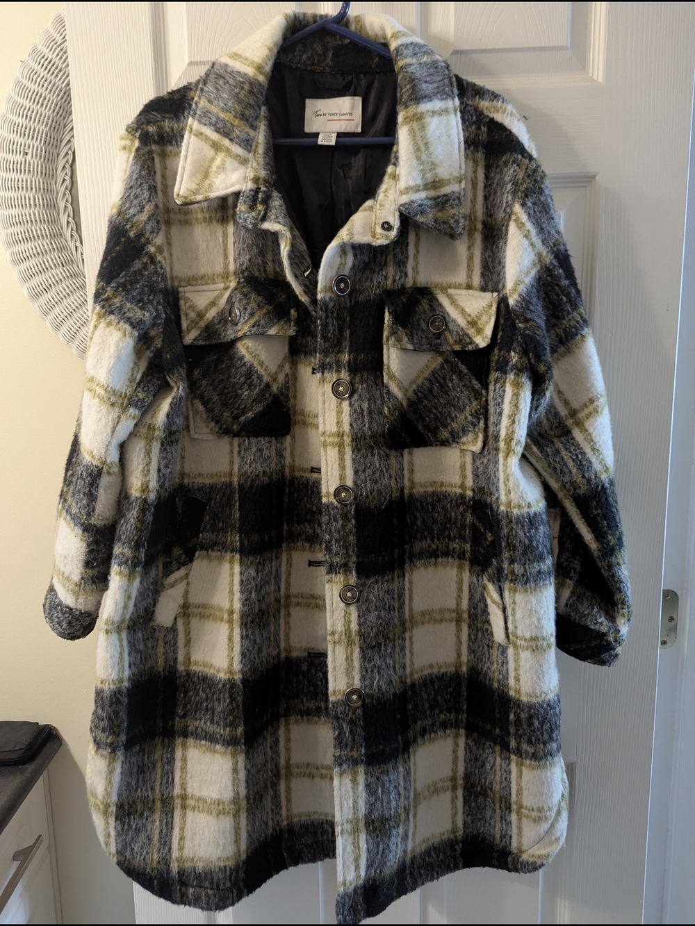 Two by Vince Camuto Black, White & Olive Plaid Teddy Coat